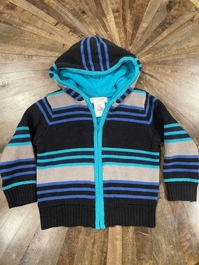 Wonderkids Black Hooded Zip Sweater with Teal & Blue Stripes